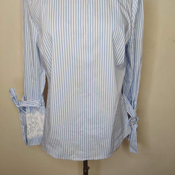 Worthington Blue Striped Top Flared Sleeve Lace Tie Cuff - Picture 3 of 9